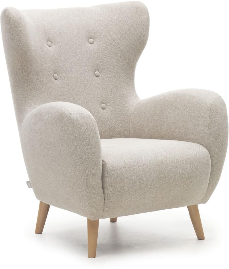 Stilfuld beige lænestol med bøgetræsben – Elegance til stuen!