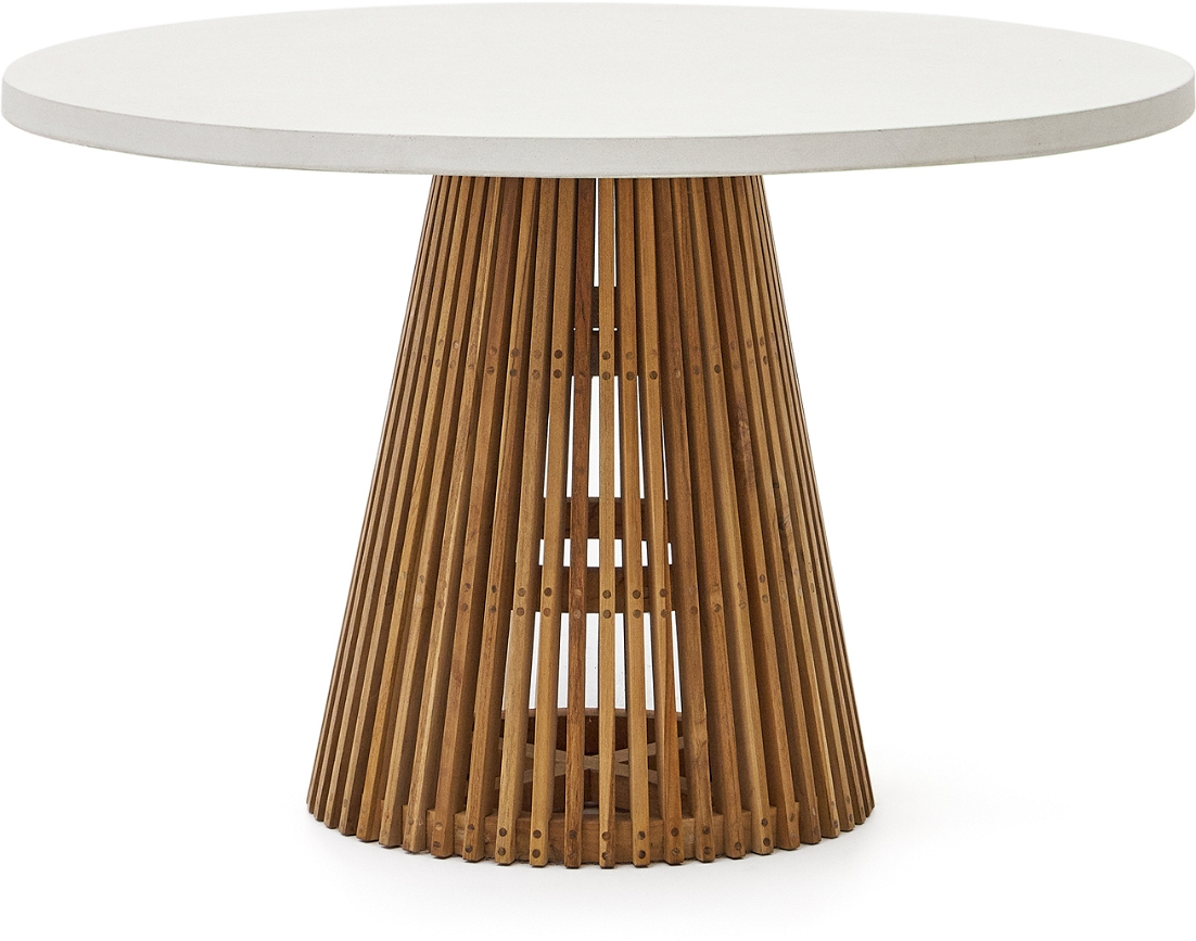 Hvid Udendørs Rundt Alcaufar T Fibercement Teaktræ Ø120 H76 Kave Home Spisebord - 8433840925202