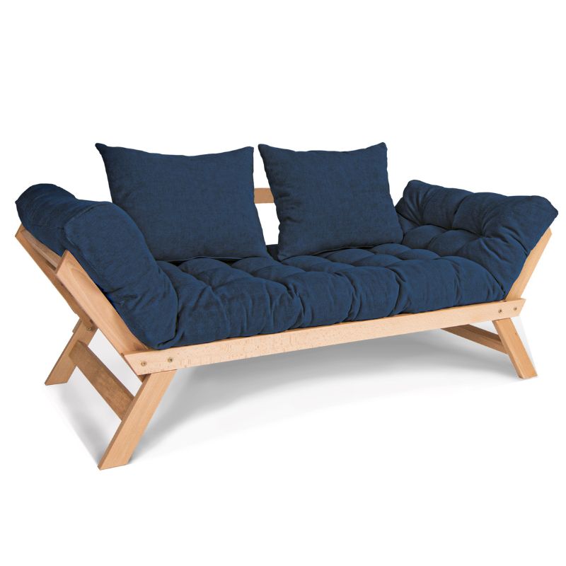 Fleksibel sovesofa i blå bøgetræ med foldbare sider