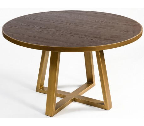 Rundt Spisebord i Egetræ og Antik Guld - 130 cm