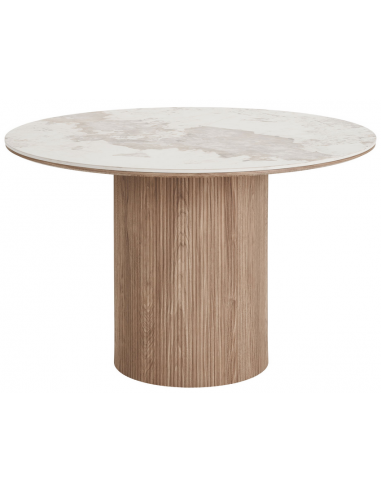 Moderne rundt spisebord i mørkebrun MDF og beige keramik