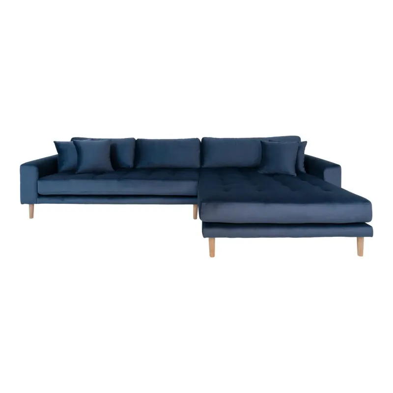 Højrevendt Mørkeblå Velour Sofa med Puder - Udsalg!