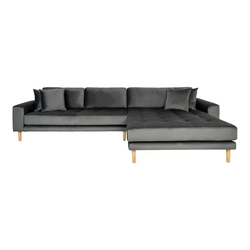 Højrevendt Mørkegrå Velour Sofa med Fire Puder