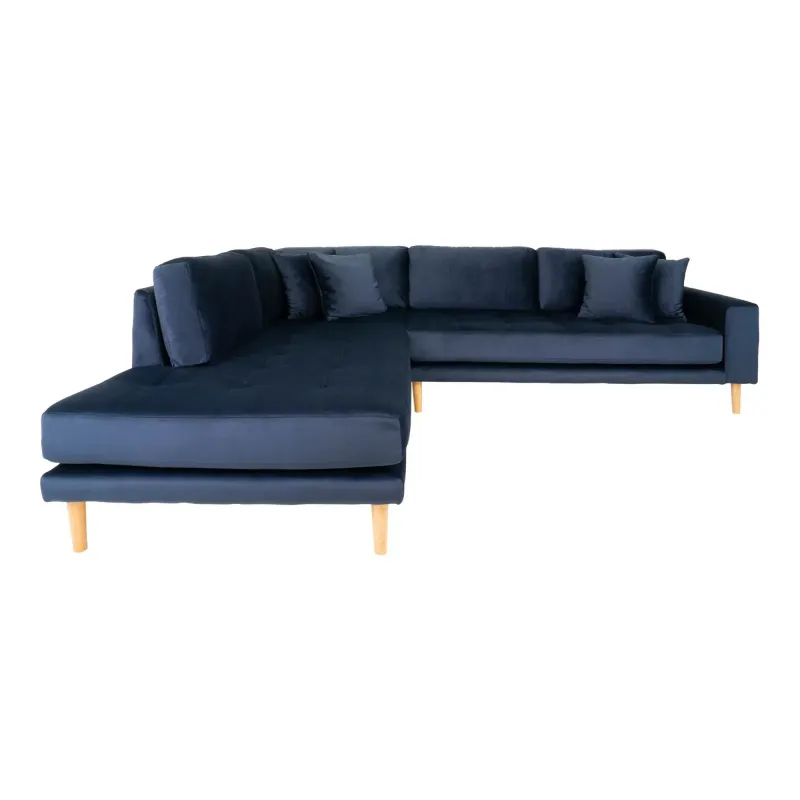 Venstrevendt Blå Velour Sofa med Fire Puder - Åben Ende